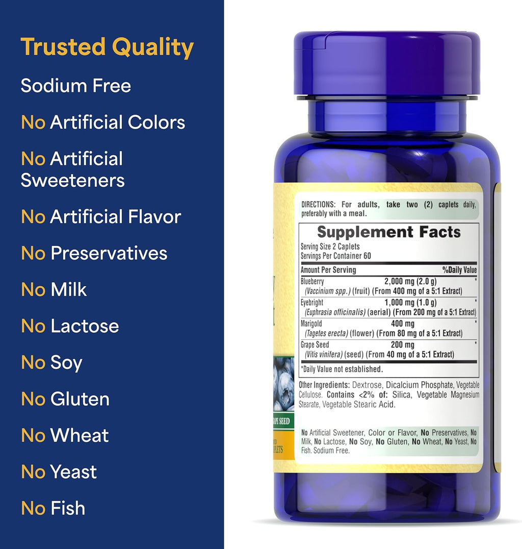 Puritan's Pride Premium Cranberry & Eyebright Complex with Marigold & Grape Seed Extracts, Antioxidant Health Dietary Supplement, 120 Coated Caplets