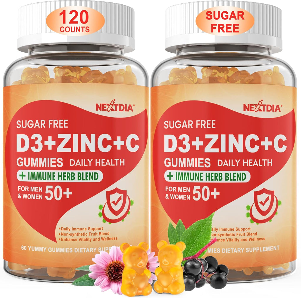 Gominolas Sin Azúcar de Vitamina C + D3 + Zinc para Adultos 50+, 9 en 1 con 5000 UI de D3, Bayas de Saúco, Equinácea, Vegano (Pack de 2)