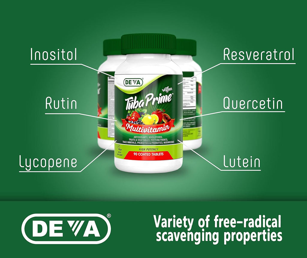 DEVA Tuba Prime Multivitamínico Vegano Sin Hierro - Alta Potencia con Superalimentos, Hongos y Probióticos - 90 Comprimidos