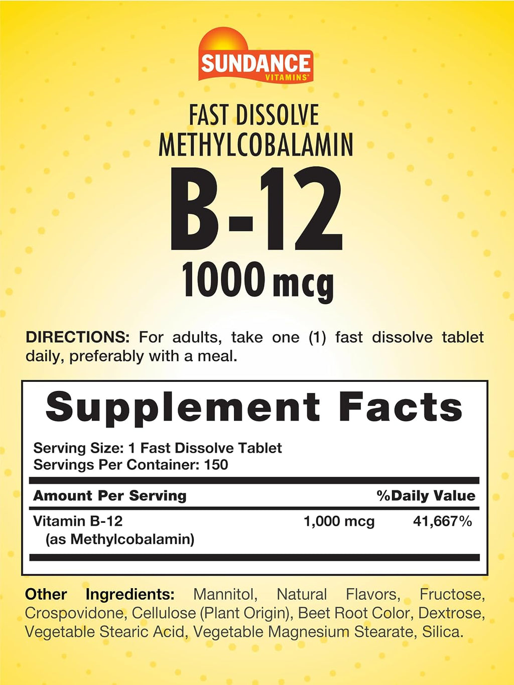 Sundance B-12 Methylcobalamin 1000 mcg, 150 Quick Dissolve Tablets, Natural Berry Flavor - Essential Vitamin Supplement, Vegetarian, Non-GMO & Gluten Free
