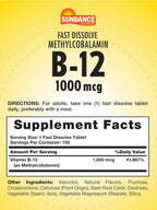 Sundance B-12 Methylcobalamin 1000 mcg, 150 Quick Dissolve Tablets, Natural Berry Flavor - Essential Vitamin Supplement, Vegetarian, Non-GMO & Gluten Free
