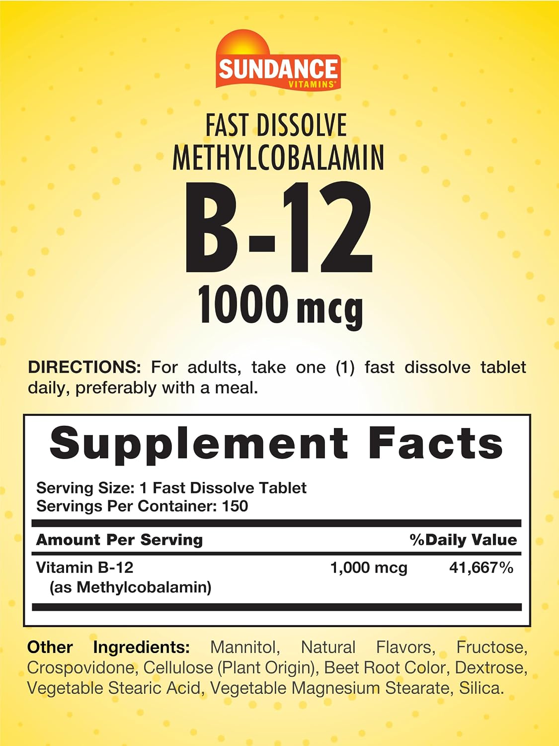 Sundance B-12 Methylcobalamin 1000 mcg, 150 Quick Dissolve Tablets, Natural Berry Flavor - Essential Vitamin Supplement, Vegetarian, Non-GMO & Gluten Free