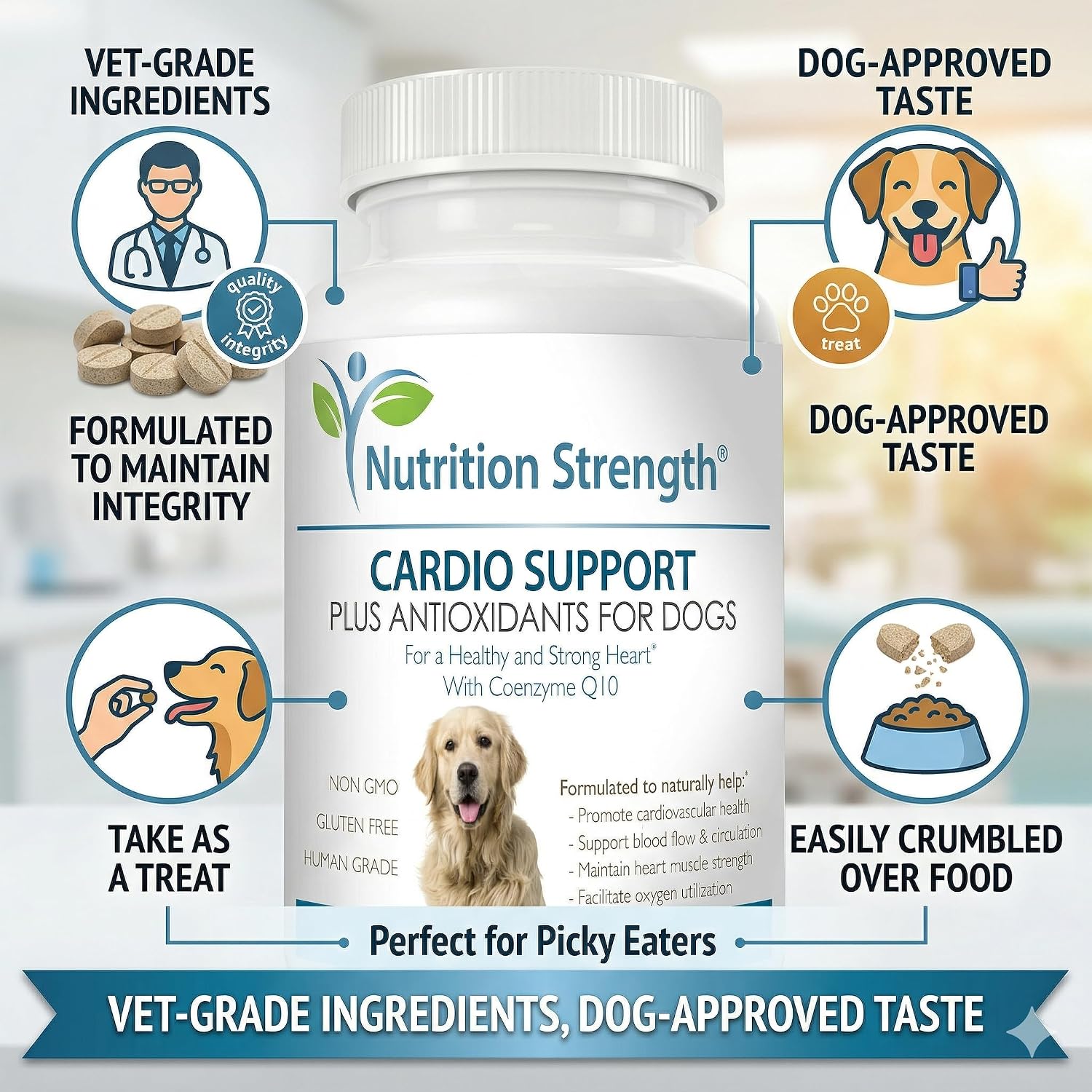 Nutrition Strength Cardio Support for Dogs with Antioxidants, L-Carnitine, L-Taurine, Coenzyme Q10 and Vitamin E, 120 Chewable Tablets