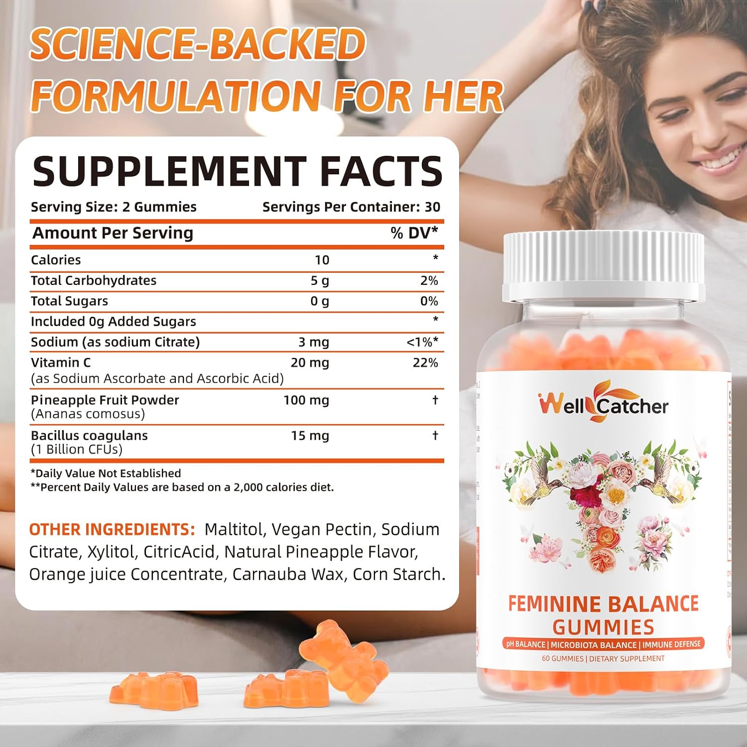 Wellcatcher Gominolas Premium de Equilibrio Femenino - Probiótico de Piña Hawaiana para pH Vaginal e Inmunidad - 60 Gominuelas Veganas Sin Gluten Sin Azúcar