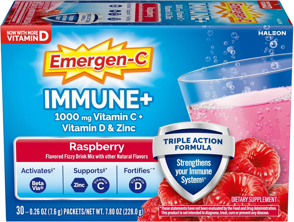 Emergen-C Immune+ Triple Action Polvo para Sistema Inmune, BetaVia, 1000mg Vitamina C, Vitaminas B, Vitamina D, Zinc y Antioxidantes, Frambuesa – 30 Sobres