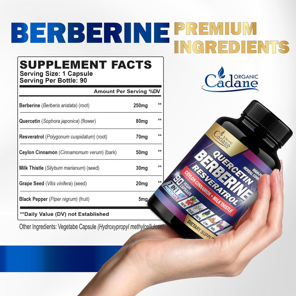 Organic Cadane Berberina 7en1 - 90 Cápsulas - Suplemento con Quercetina y Canela