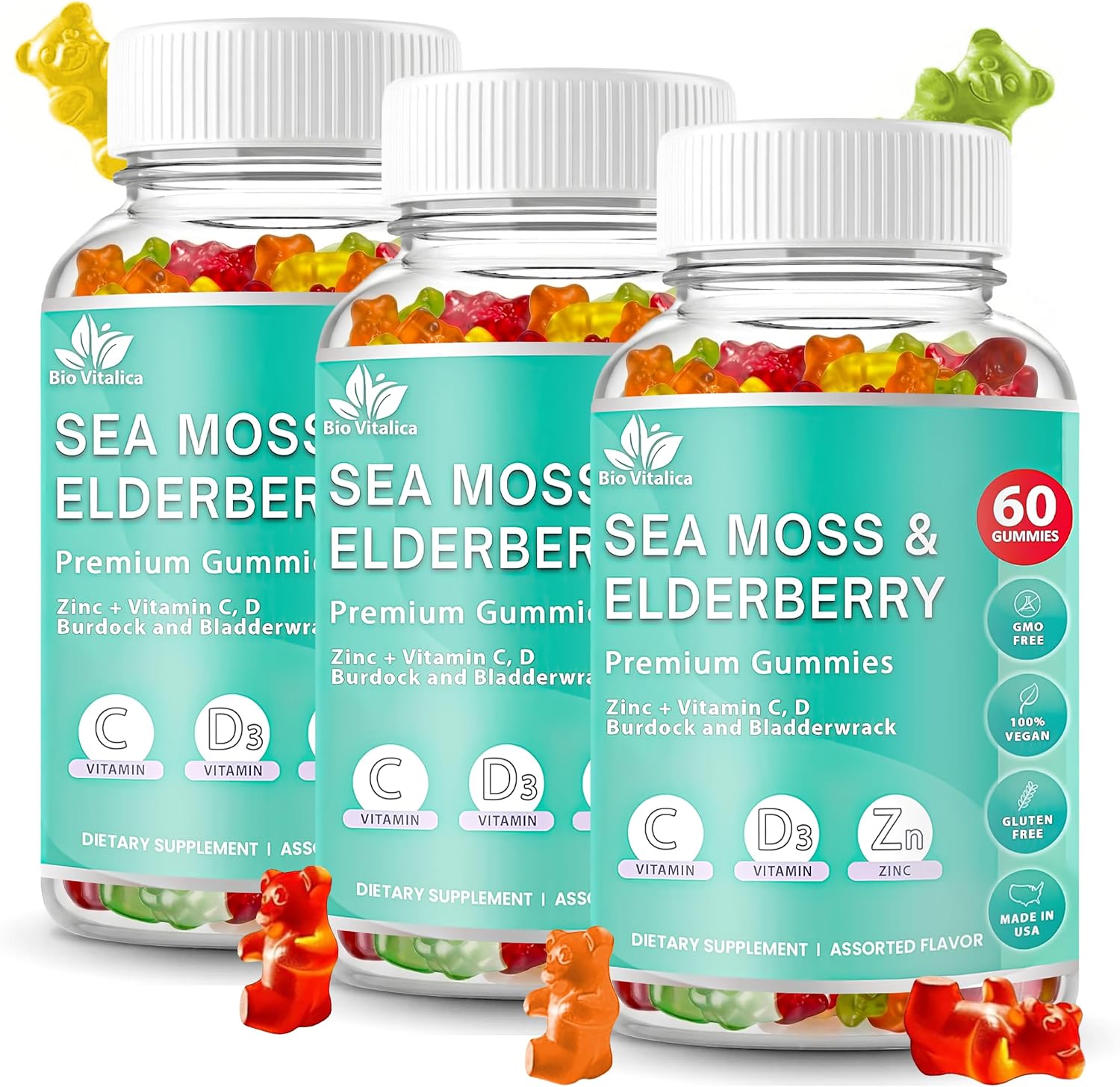 Irish Sea Moss Gummies con Elderberry – Gominolas Veganas con Vitamina C, D y Zinc – Apoyo Inmunitario – 3 Paquetes