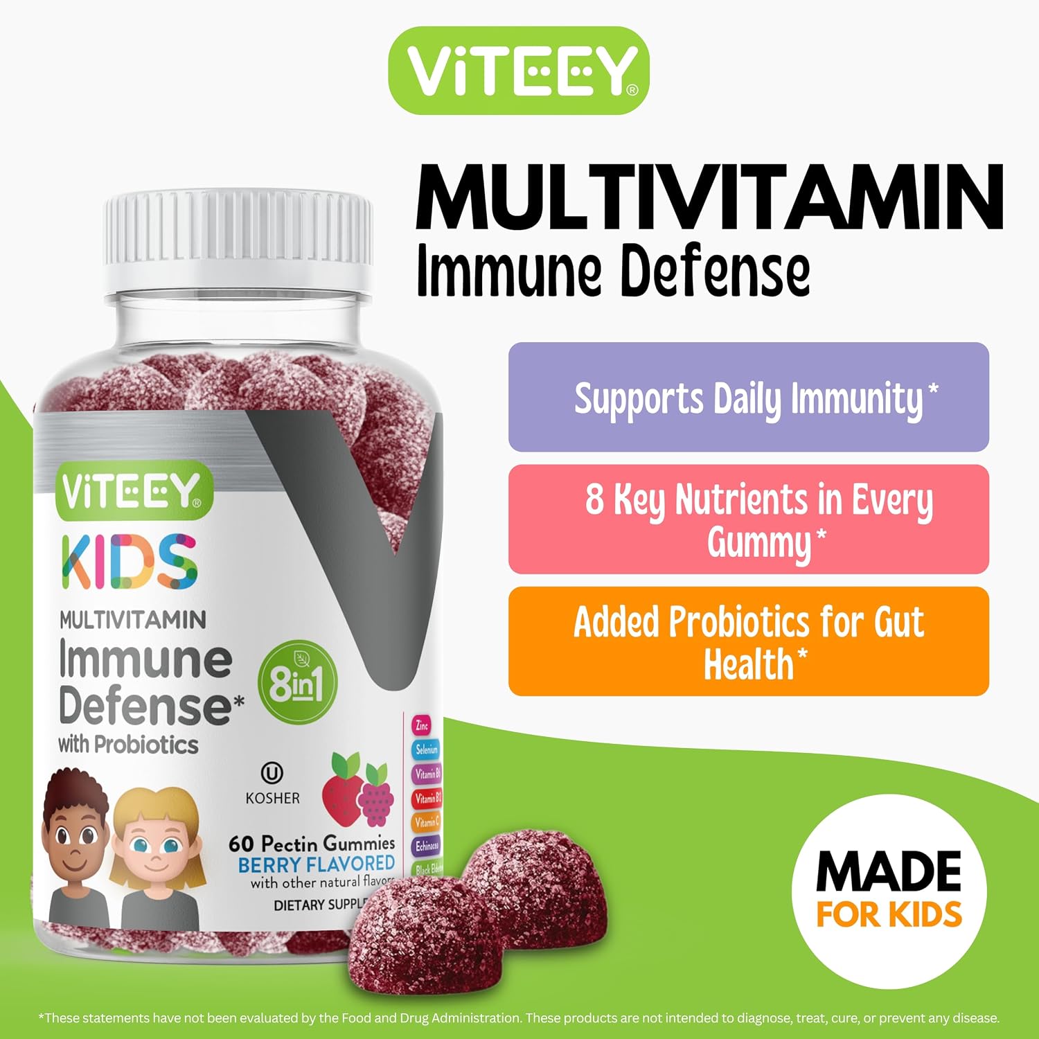 Viteey Gominolas Multivitamínicas para Niños con Probióticos - 60 Gominolas Sabor a Bayas