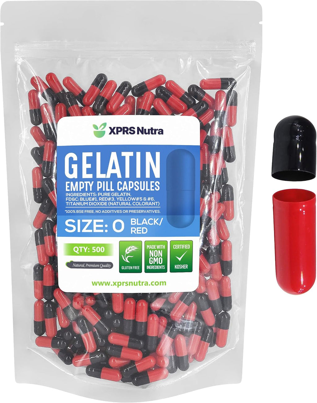 XPRS Nutra Cápsulas Vacías Tamaño 0 - 500 uds. Cápsulas de Gelatina Bovina para Suplementos Caseros (Negro/Rojo)