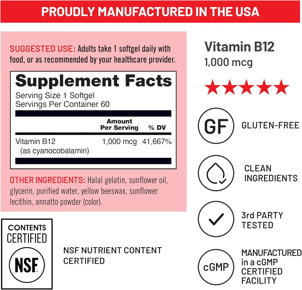 NatureWise Vitamina B12 1000 mcg - Complemento Alimenticio para el Metabolismo Energético y la Salud del Sistema Nervioso - 60 Cápsulas Blandas