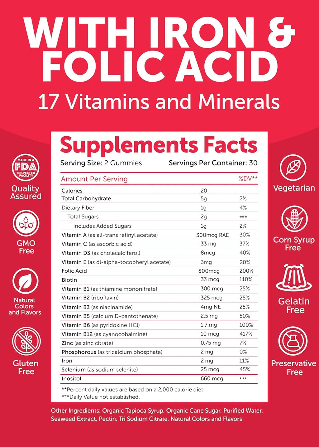 Lunakai Vitaminas Prenatales 17 en 1 con Hierro y Ácido Fólico – Gominolas para Mujeres, 60 Unidades