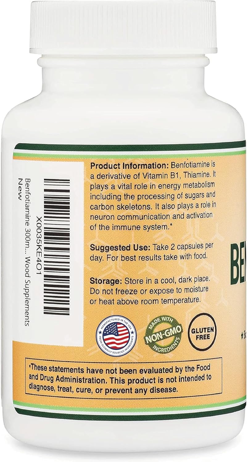 Benfotiamina 300mg por dosis (120 cápsulas, 150mg por cápsula) - No Transgénico, Sin Gluten, Vegano - Double Wood