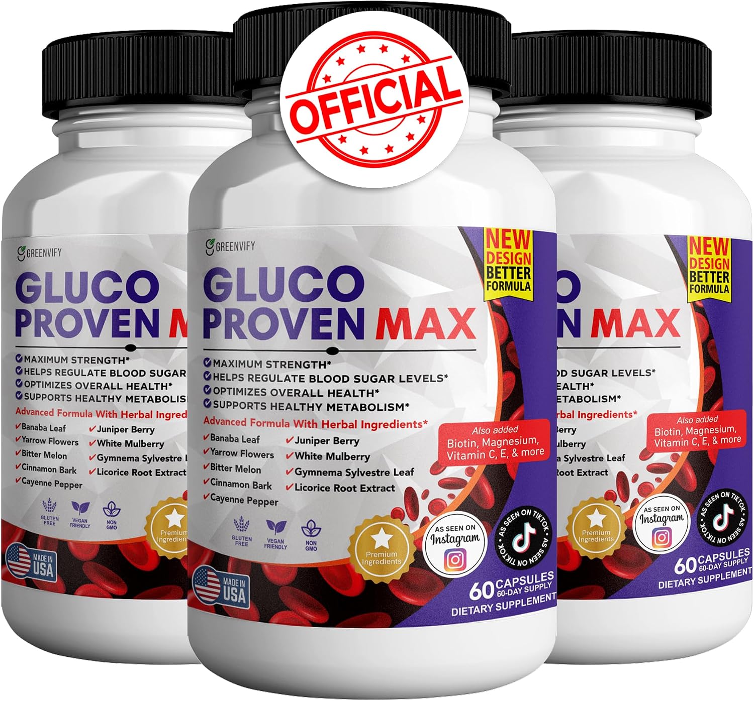 Gluco Proven Max – Suplemento diario con vitaminas, minerales y hierbas – Cromo, Magnesio, Banaba, Melón amargo y Zinc – No GMO, sin gluten – 180 cápsulas