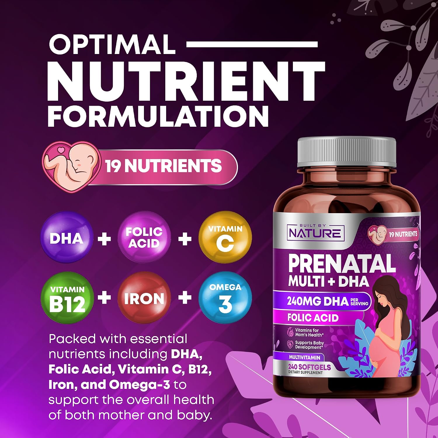 Built by Nature Vitaminas Prenatales para Mujeres, 240 Cápsulas Blandas