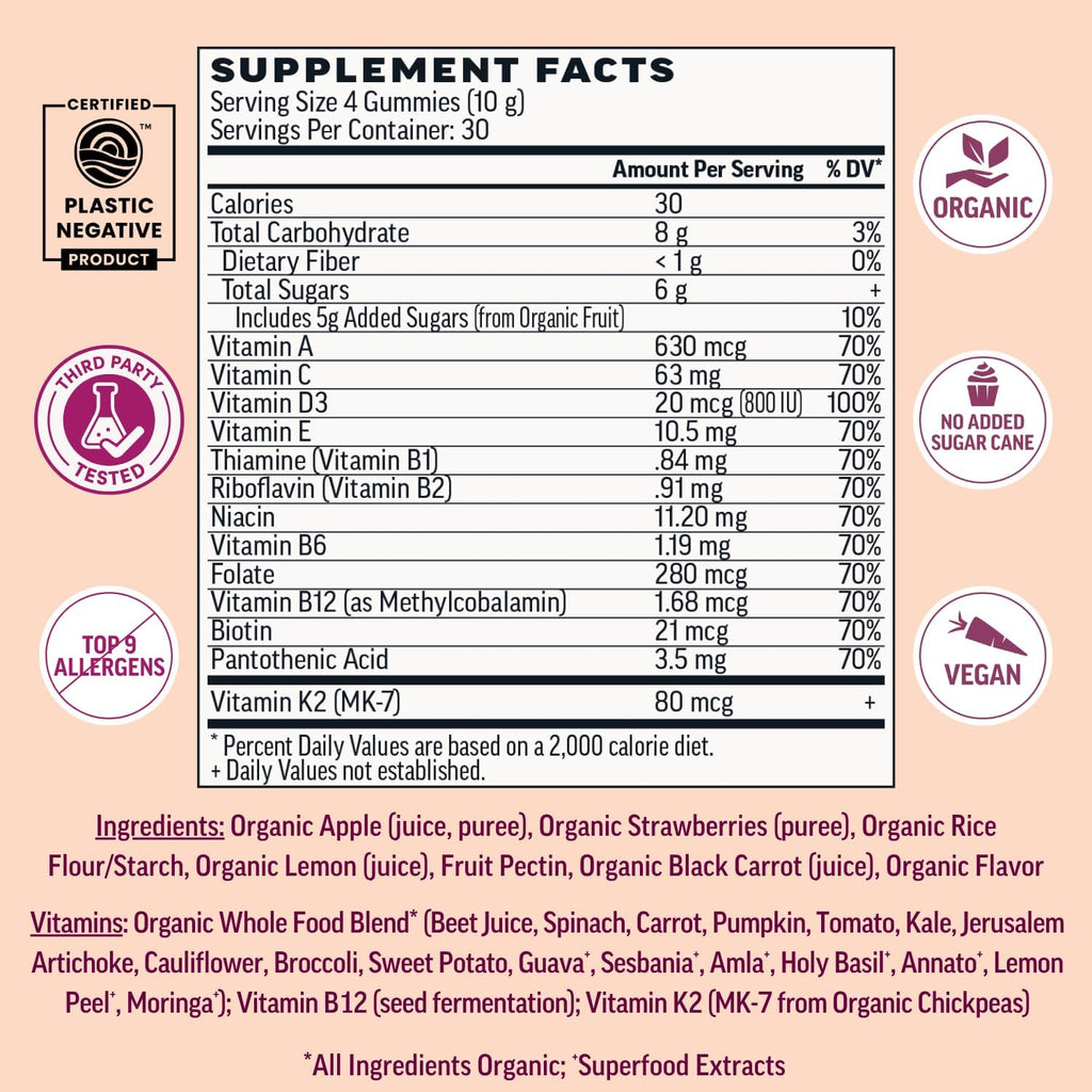 Llama Naturals Multivitamínico para Mujeres, Gominolas Veganas y Orgánicas con Vitaminas D, C y K, Gominolas de Fruta Real, Complemento Alimenticio, Sin Azúcar Añadido, Fresa, 120 Unidades