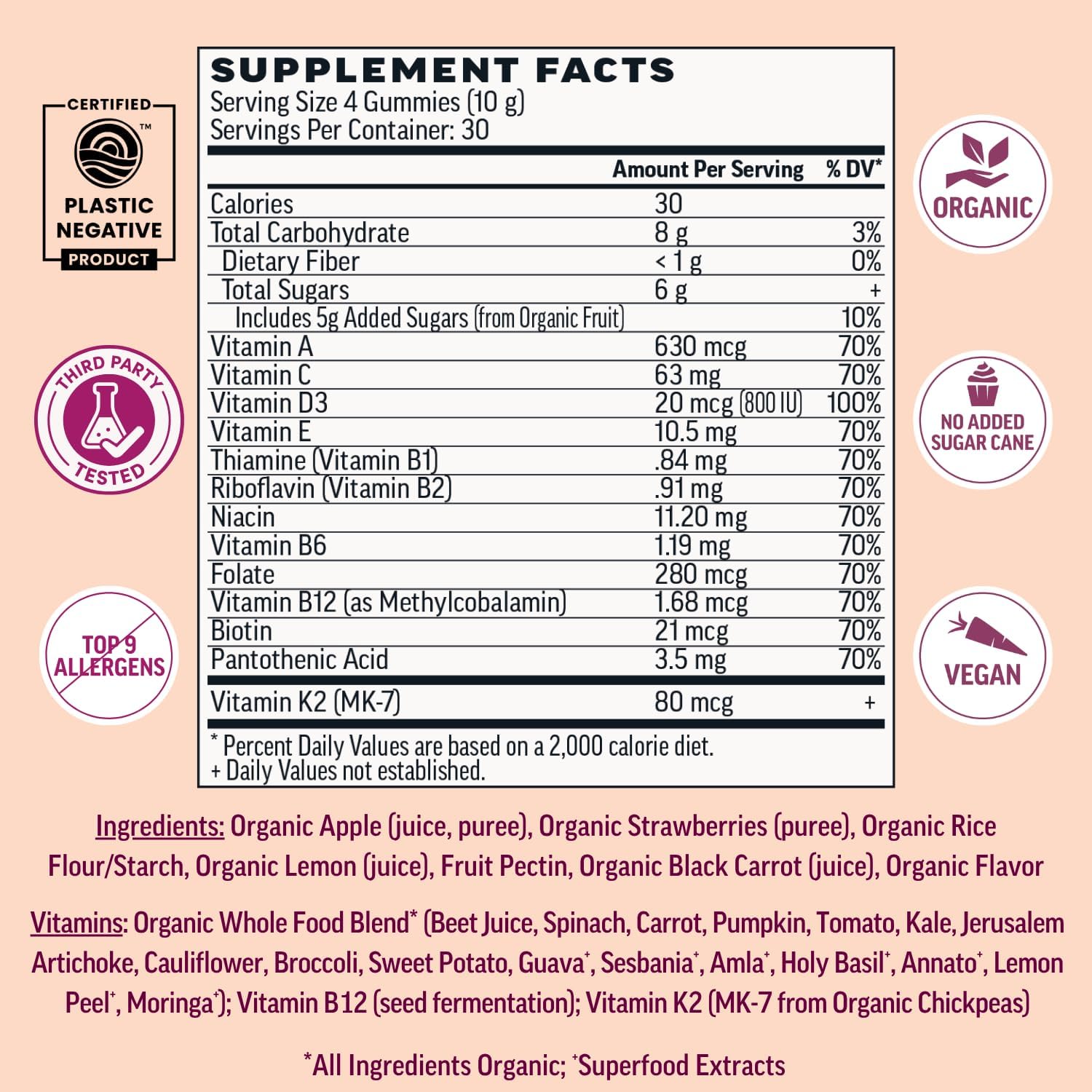 Llama Naturals Multivitamínico para Mujeres, Gominolas Veganas y Orgánicas con Vitaminas D, C y K, Gominolas de Fruta Real, Complemento Alimenticio, Sin Azúcar Añadido, Fresa, 120 Unidades