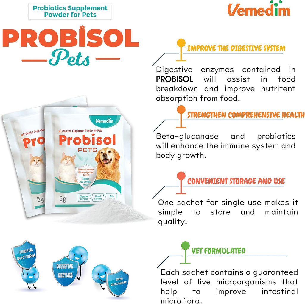 Vemedim Probisol Pets, Polvo Probiótico para Perros y Gatos, 30 Sobres de 150g