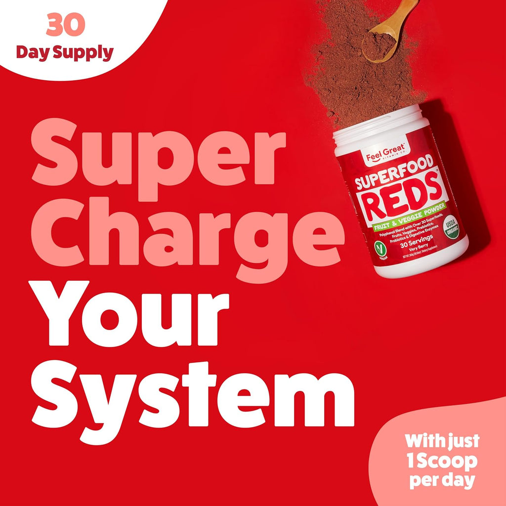 Feel Great Organic Superfood Reds Powder - Remolacha, Frutas y Verduras - Apoyo Digestivo y Antioxidante