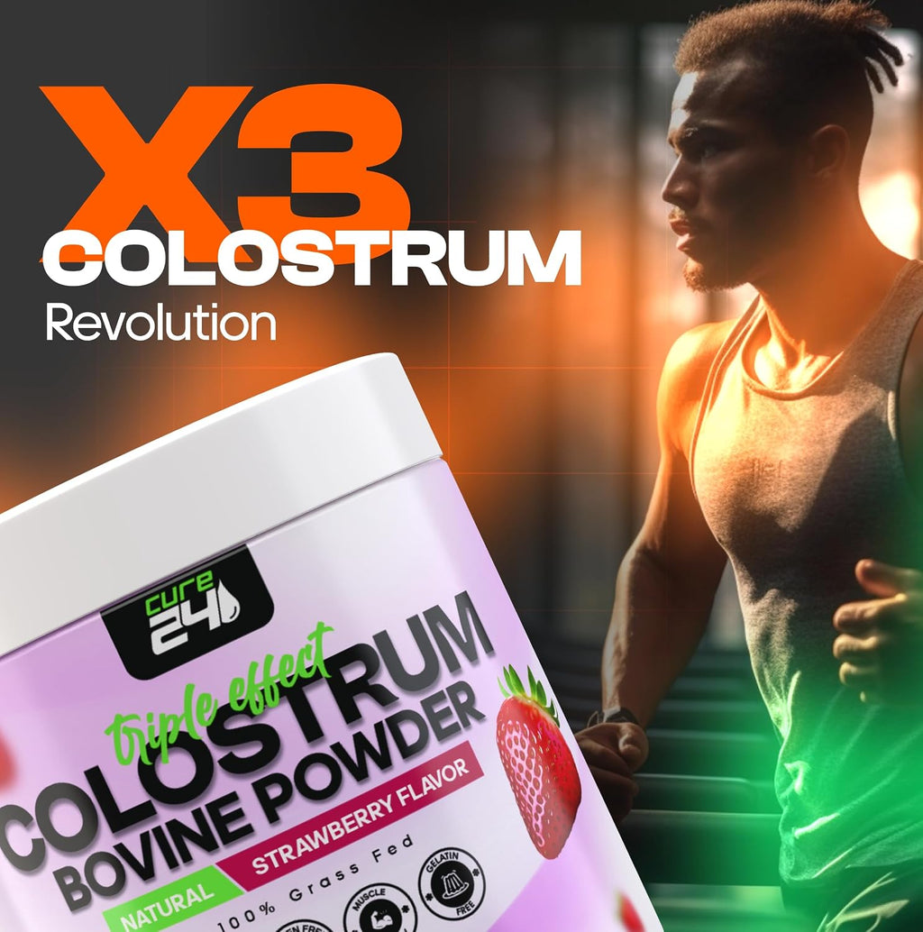 Cure24 Bovine Colostrum X3 Supplement Powder for Humans, 100% Pure Whole Natural Grass Fed Superfood, High IgG, Plus Probiotic & Prebiotic, Strawberry