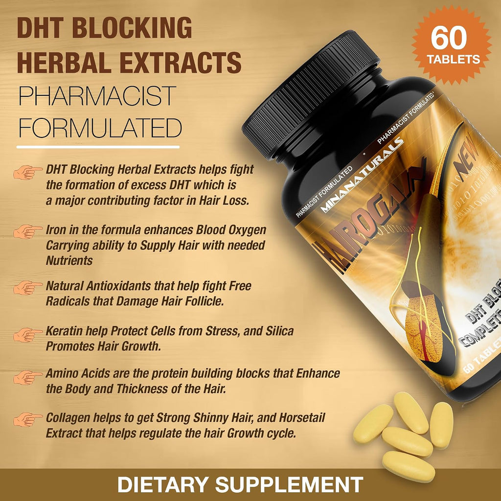 HAIROGAIN DHT Blocker - Biotina 10000 mcg, Colágeno y Vitaminas para el Cabello (60 Comprimidos)