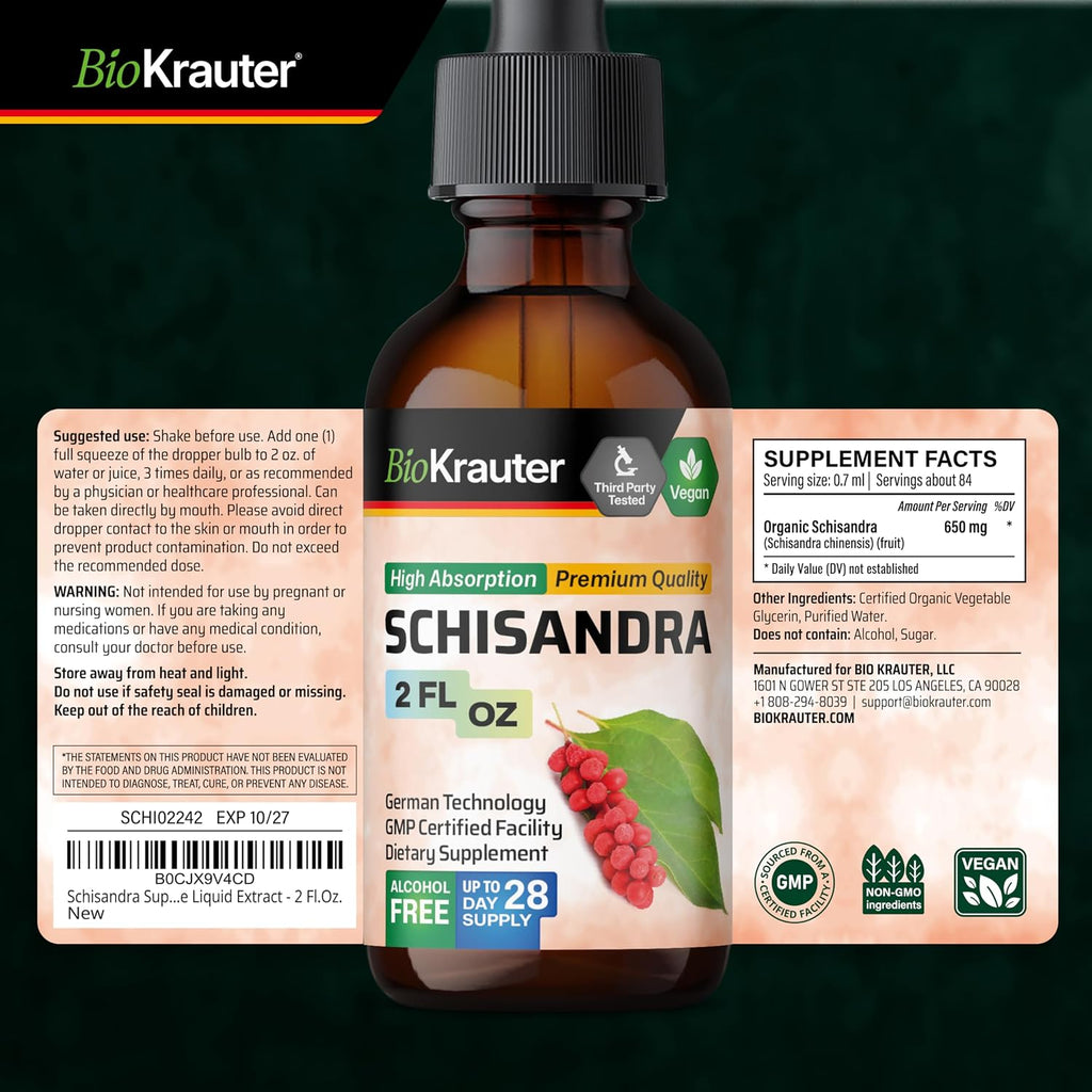 BIO KRAUTER Schisandra para la calma y la relajación - Complemento alimenticio vegano - Extracto líquido de baya de Schisandra 60 ml - 650 mg por ración, 28 días