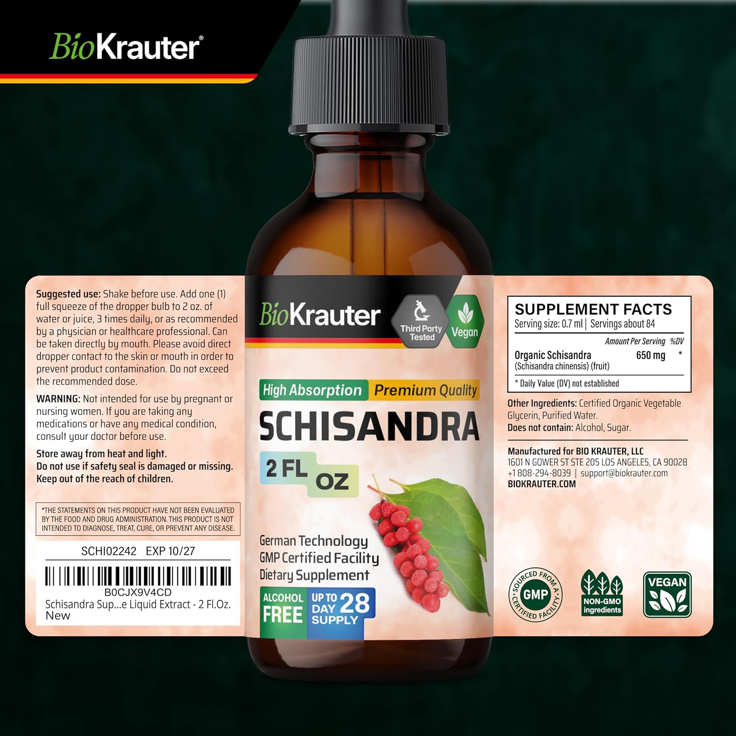 BIO KRAUTER Schisandra para la calma y la relajación - Complemento alimenticio vegano - Extracto líquido de baya de Schisandra 60 ml - 650 mg por ración, 28 días
