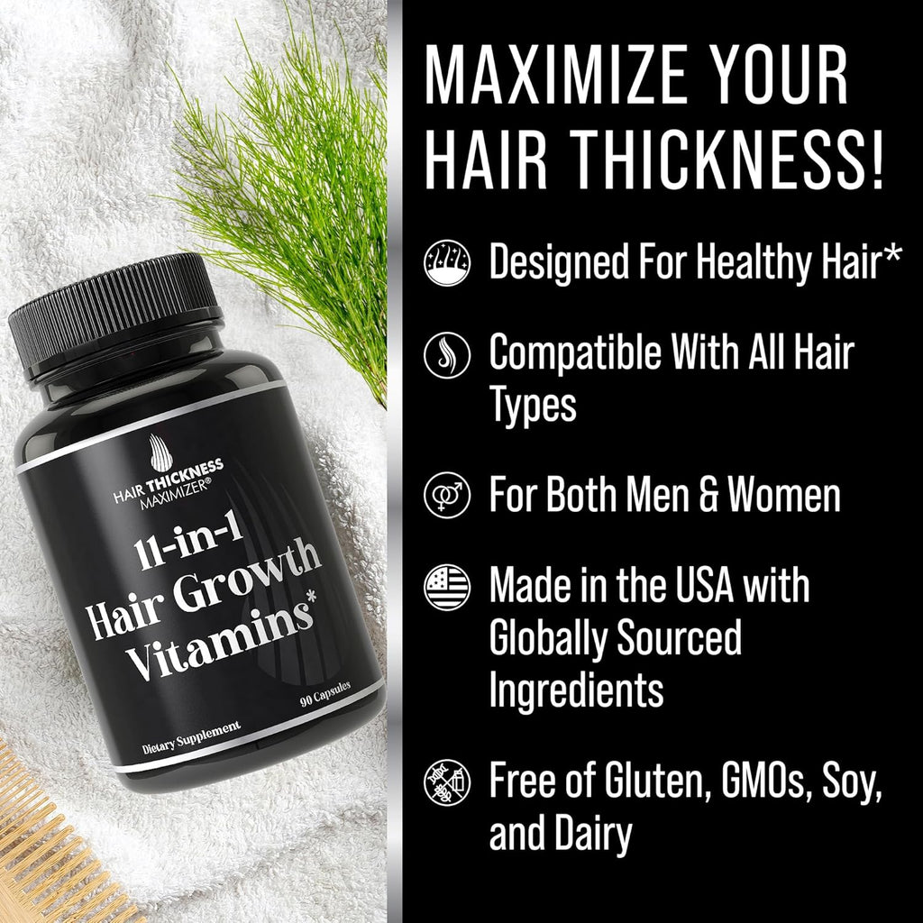 Hair Thickness Maximizer - Vitaminas Veganas 11 en 1 para Cabello, con 5000mcg de Biotina, Zinc y Semilla de Calabaza