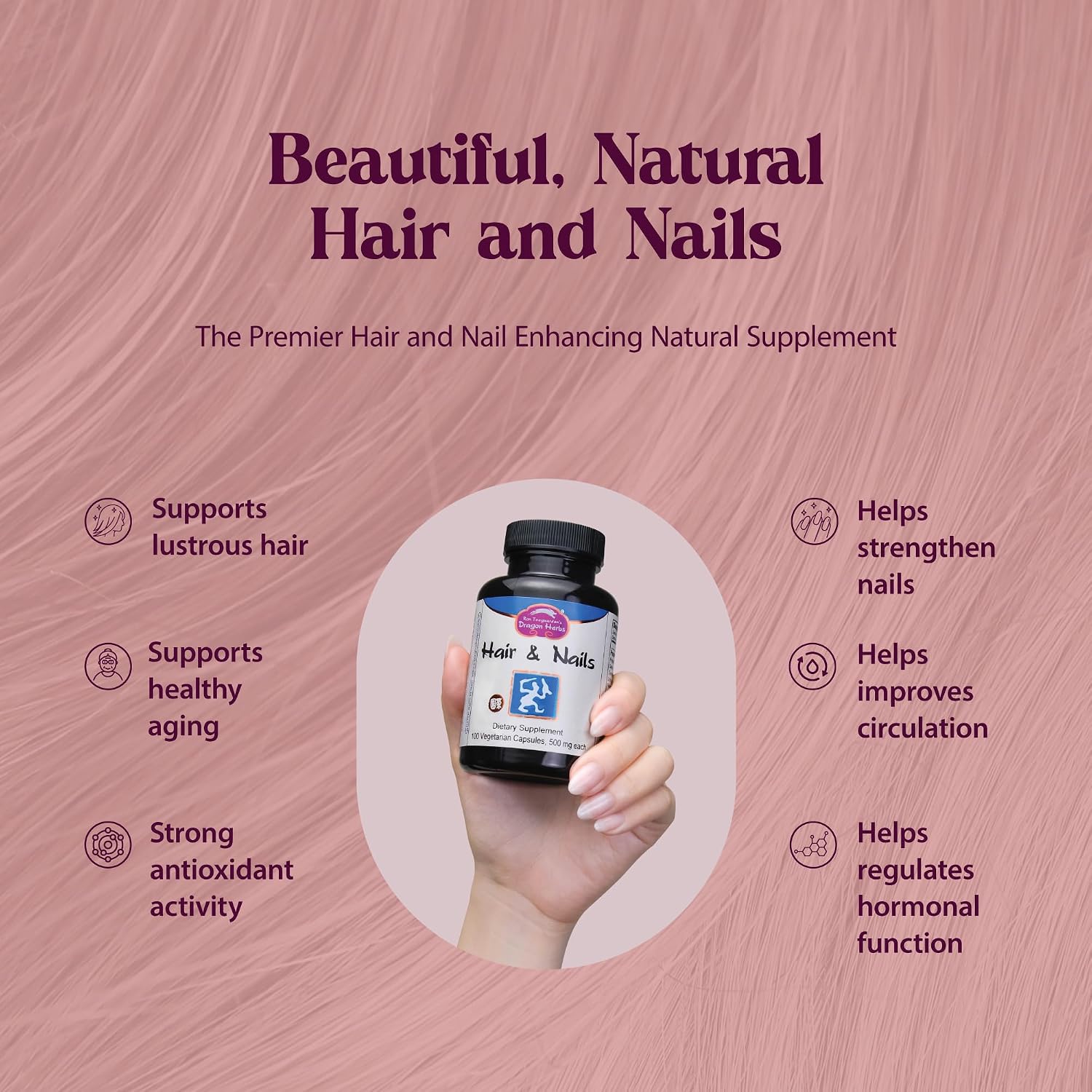 Dragon Herbs Hair and Nails, 100 Cápsulas (500 mg por cápsula)