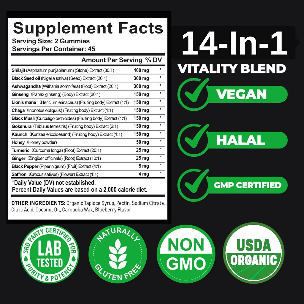 Organic Himalayan Shilajit Gold Gummies for Men and Women, Black Seed Oil, Ashwagandha, Ginseng, Turmeric, Gokshura, Lion's Mane, Lab Tested, No Sugar Added, Halal, 90Gummy