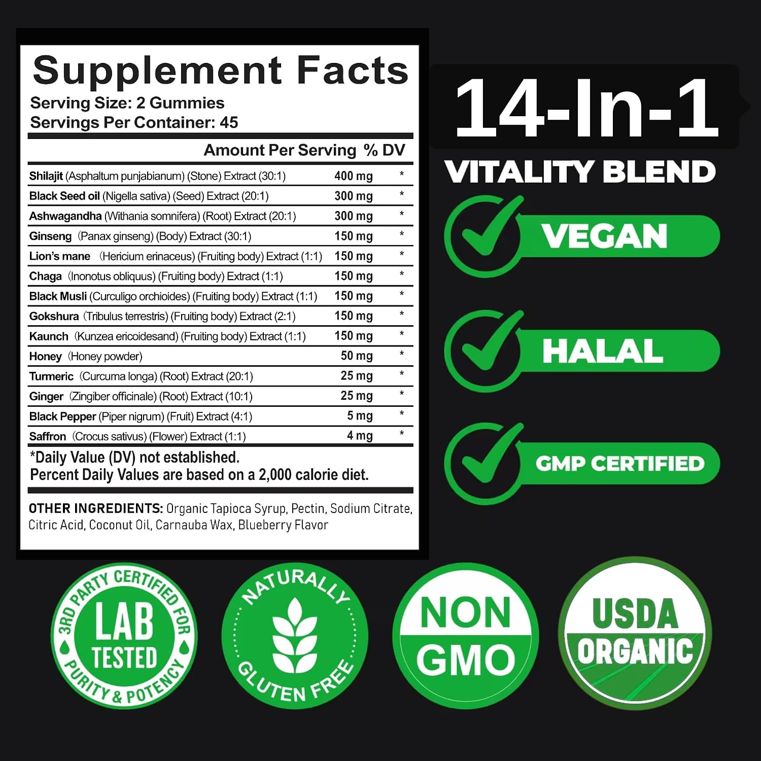 Organic Himalayan Shilajit Gold Gummies for Men and Women, Black Seed Oil, Ashwagandha, Ginseng, Turmeric, Gokshura, Lion's Mane, Lab Tested, No Sugar Added, Halal, 90Gummy