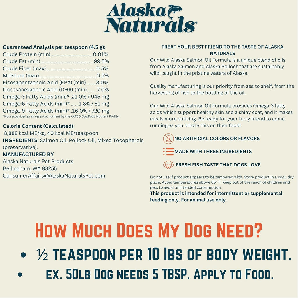 Wild Alaskan Salmon Oil for Dogs - Omega 3 EPA DHA Supplement - 946 ml