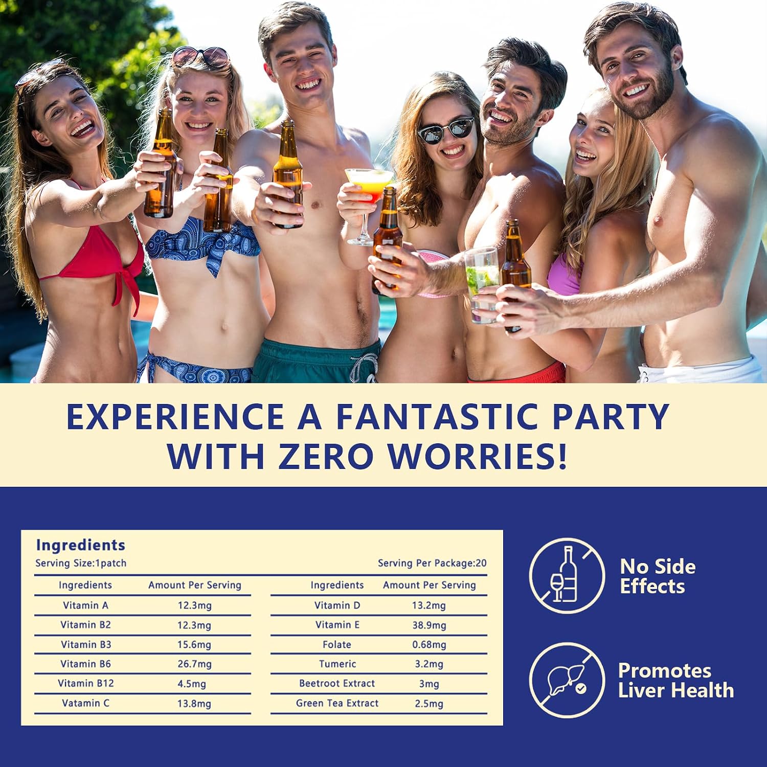 Party Recovery Patches 20 Pack, Natural Ingredients for Quick Recovery, Individually Wrapped, Skin-Friendly & Waterproof - Enhanced Morning Formula, Wake Up Refreshed and Energized