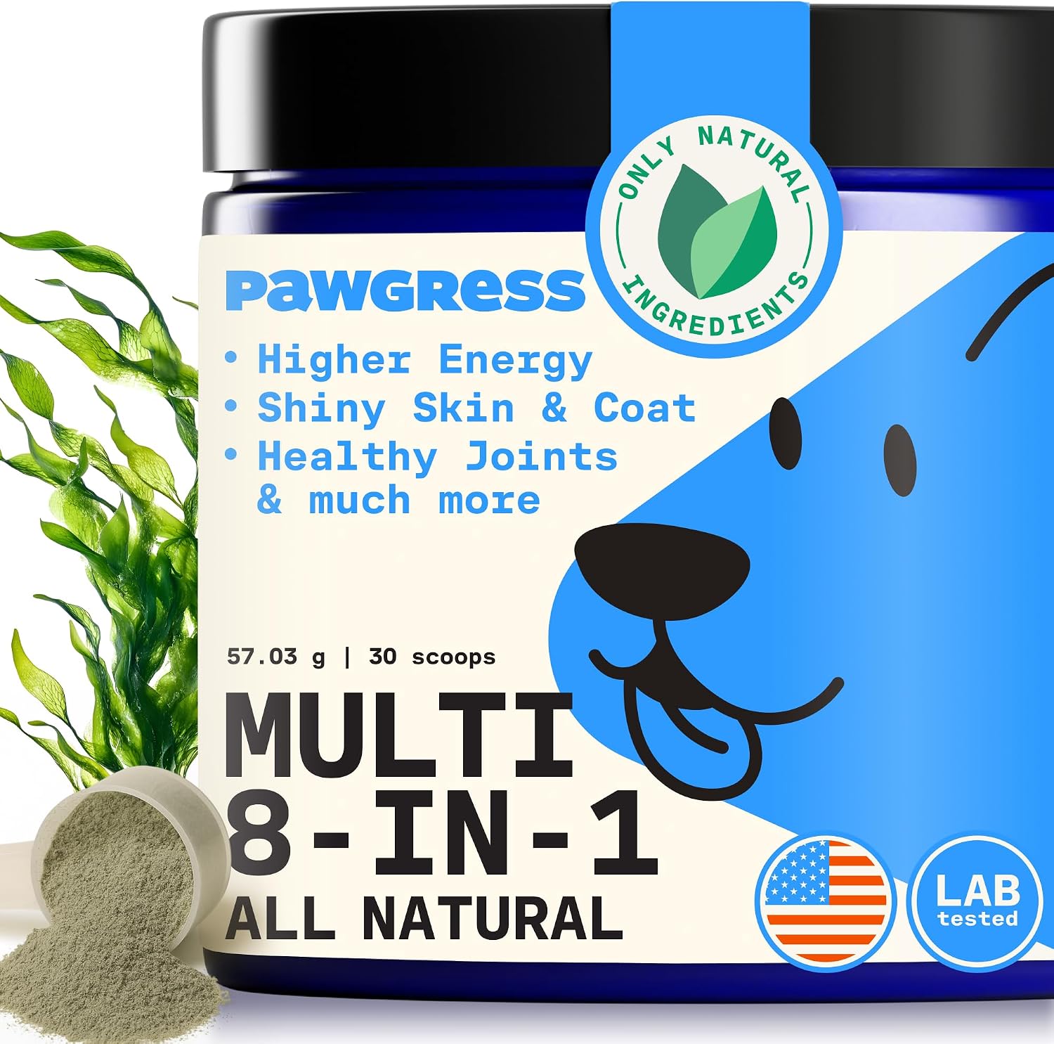 Pawgress Multivitamínico 8 en 1 para Perros – Polvo Natural con Calostro – 30 Dosis