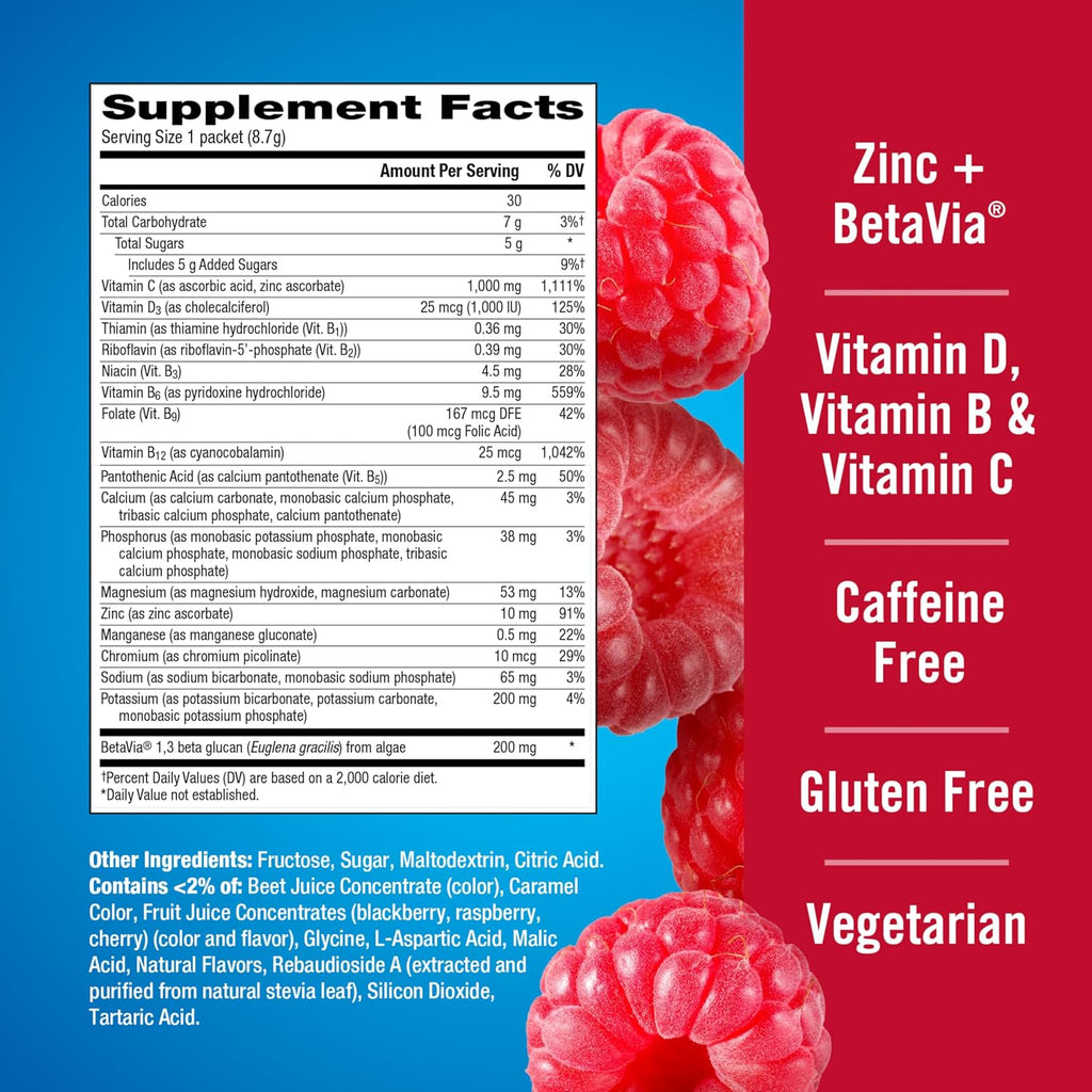 Emergen-C Immune+ Triple Action Polvo para Sistema Inmune, BetaVia, 1000mg Vitamina C, Vitaminas B, Vitamina D, Zinc y Antioxidantes, Frambuesa – 30 Sobres