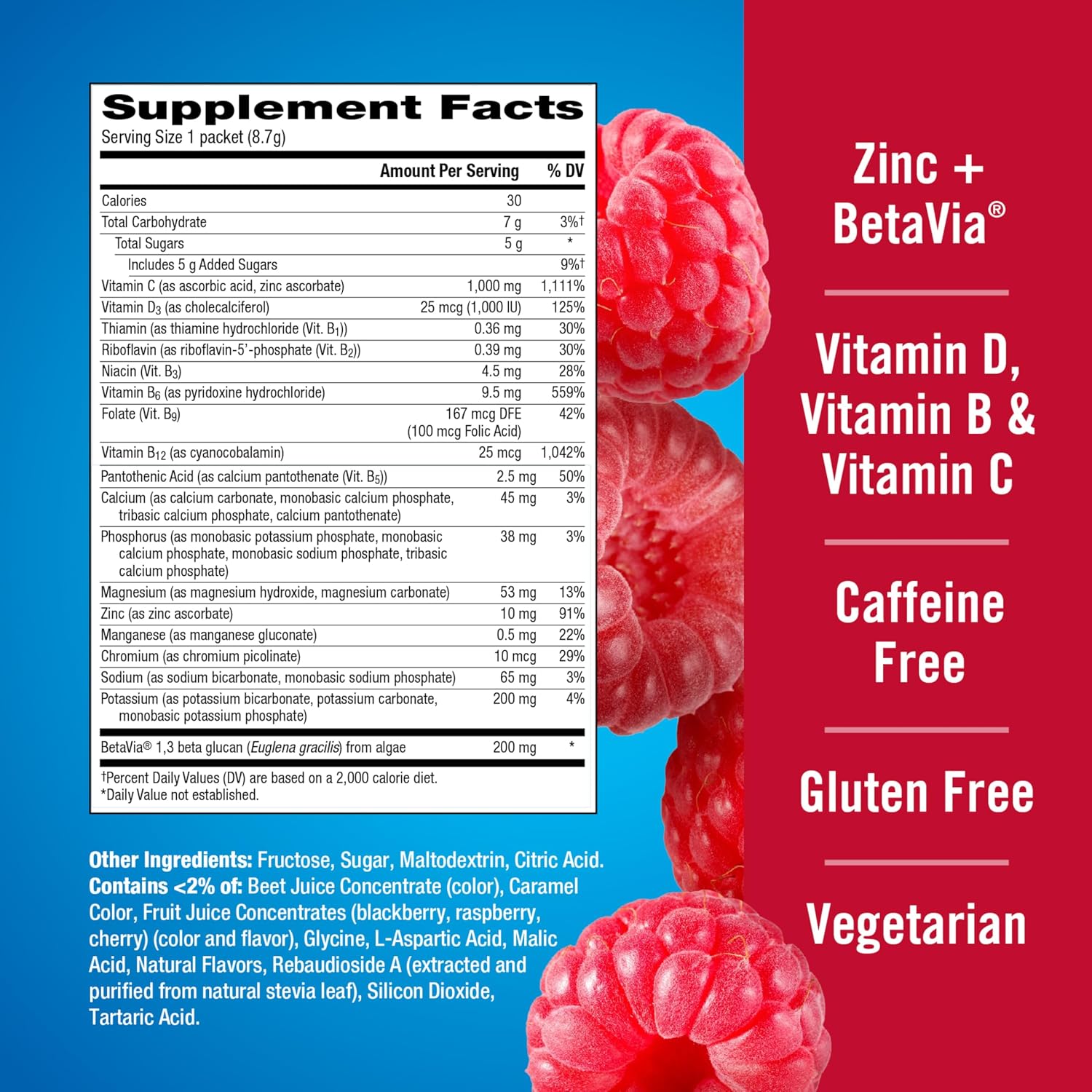 Emergen-C Immune+ Triple Action Polvo para Sistema Inmune, BetaVia, 1000mg Vitamina C, Vitaminas B, Vitamina D, Zinc y Antioxidantes, Frambuesa – 30 Sobres