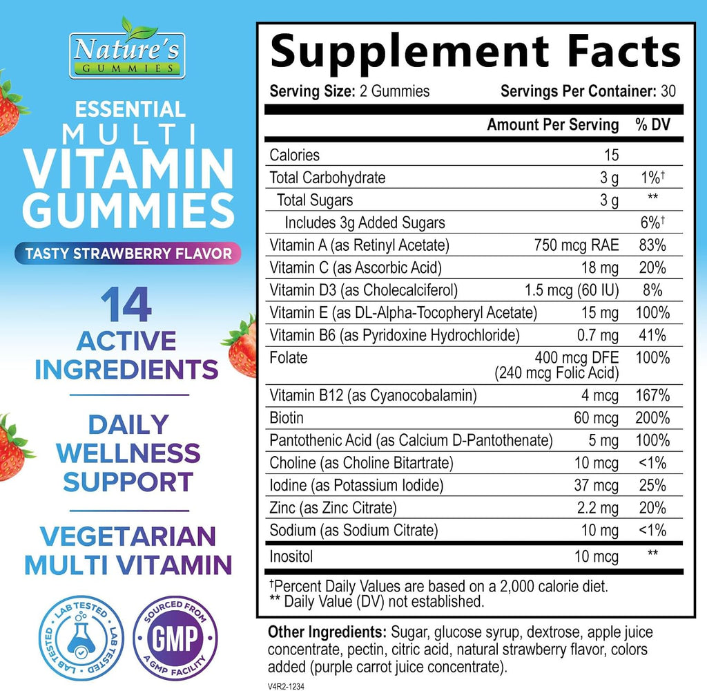 Multivitamin Gummies para Adultos - Multivitamínico Completo en Gominolas para Mujeres y Hombres - Vitaminas A, C, D, E, B12 y Zinc - 60 Gominolas Vegetarianas