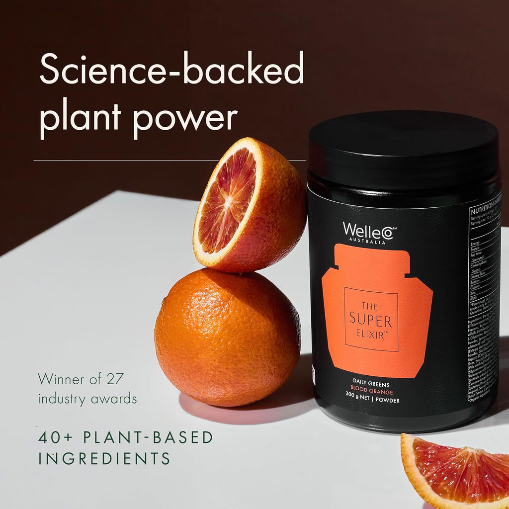 WelleCo The Super Elixir Daily Greens Powder - Sabor Naranja Sangre (Frasco)