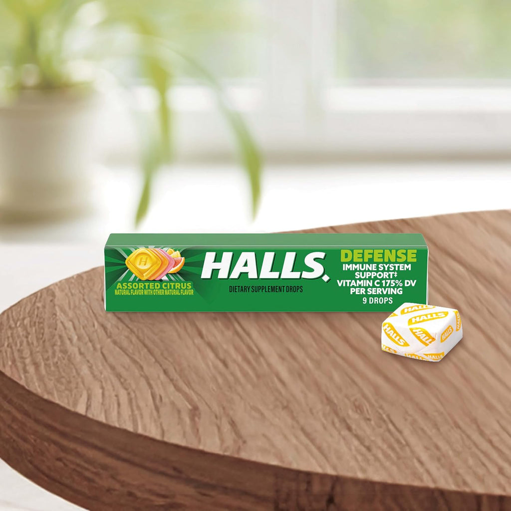 Caramelos para la tos con suplemento dietético HALLS Defense con vitamina C, cítricos variados, 180 unidades