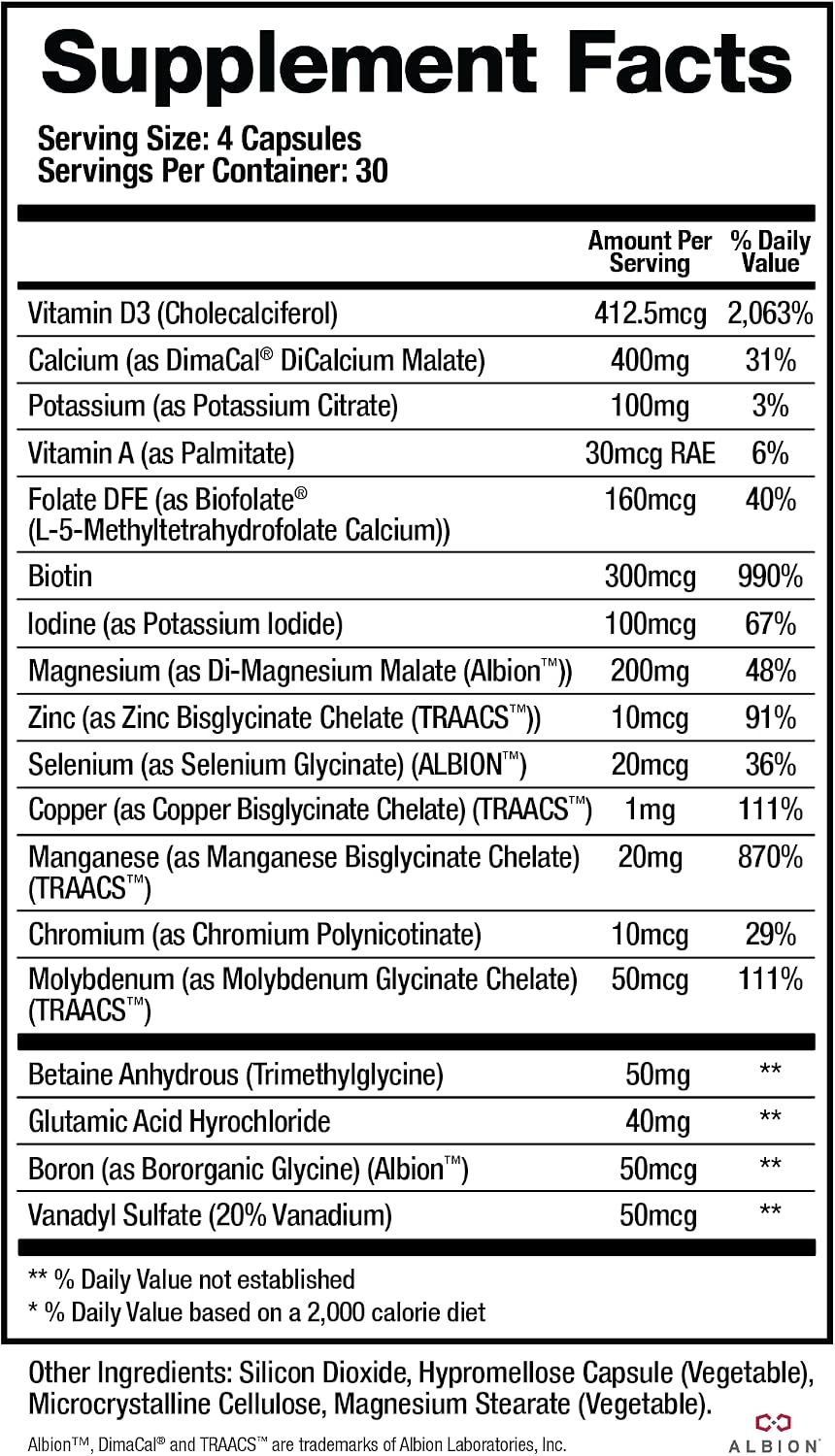 BioMatrix Suplemento Mineral Quelado Sin Hierro - Calcio, Magnesio, Zinc, Vitamina D3, Cobre y Yodo - 30 Días