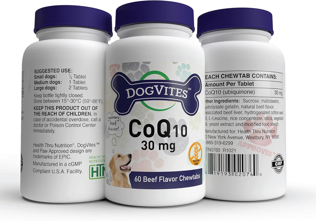Health Thru Nutrition Dog-Vites CoQ10 para Perros, 60 Comprimidos Masticables Sabor Carne, 30mg