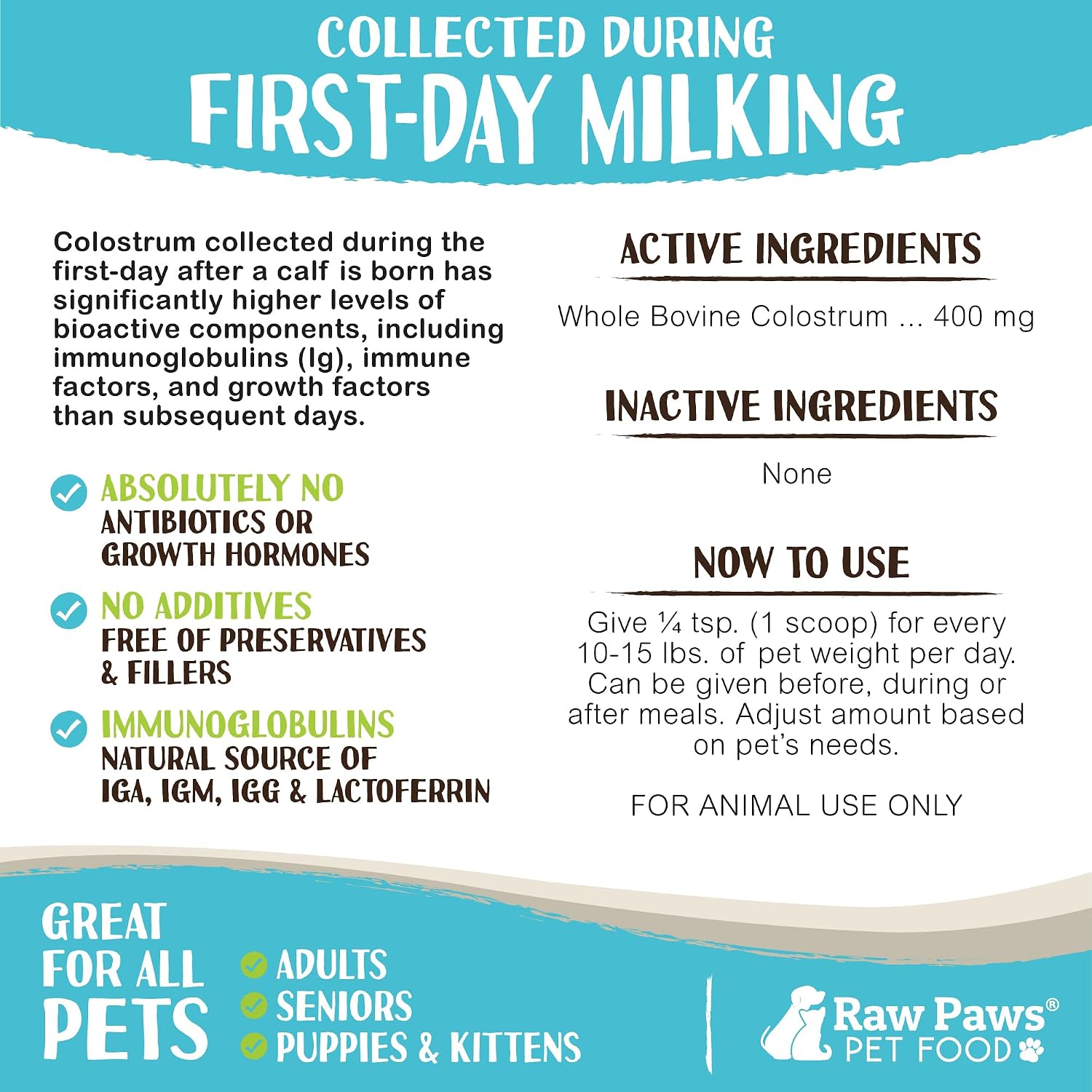 Raw Paws Bovine Colostrum para Perros y Gatos, 5 oz (141 g)