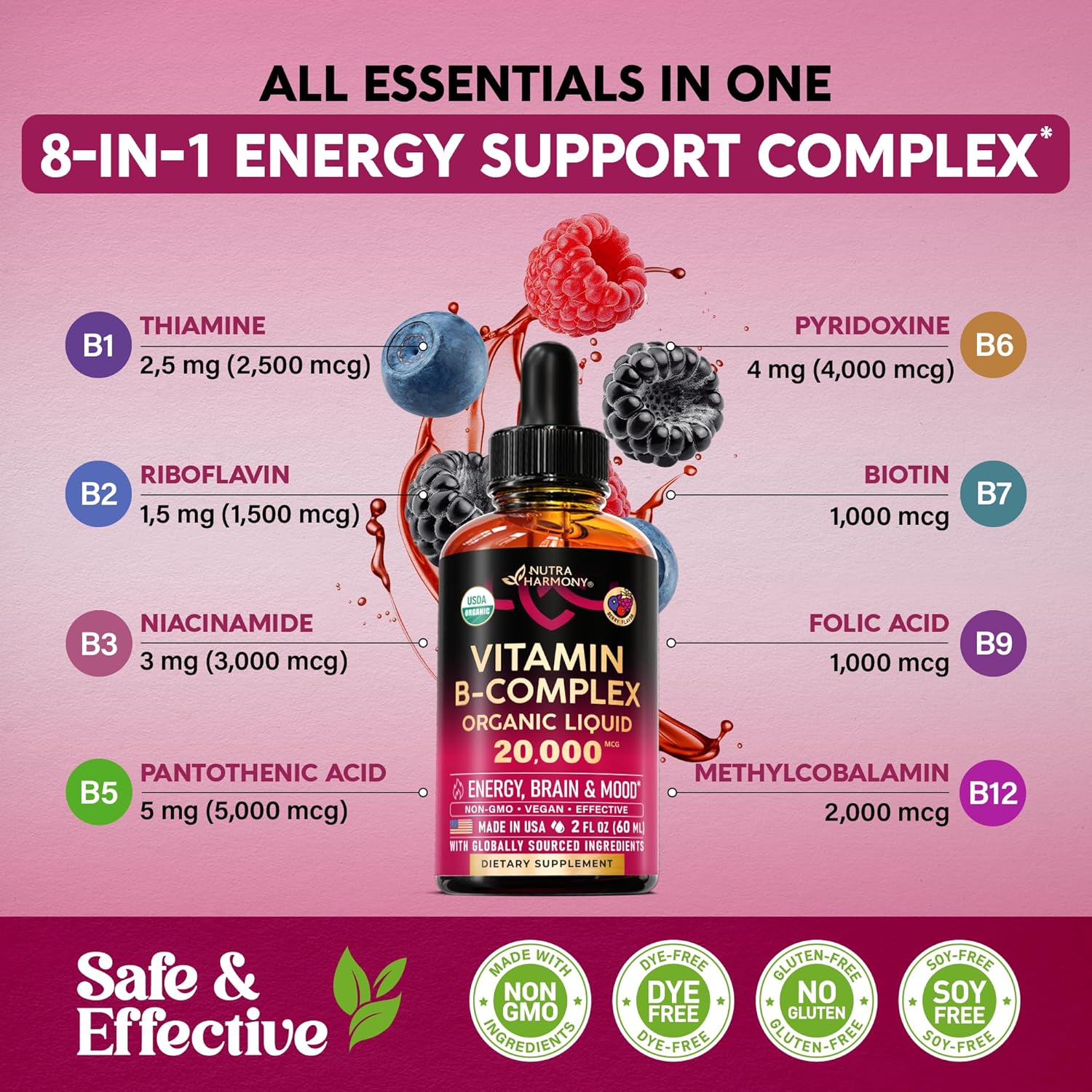 Complejo de Vitamina B Orgánico USDA - B5 Ácido Pantoténico, B12 Metilcobalamina, B1 Tiamina, B6 Piridoxina, B7 Biotina, B9 Fólico, B3 Niacinamida - Gotas Líquidas con Sabor a Baya Natural, 59 ml