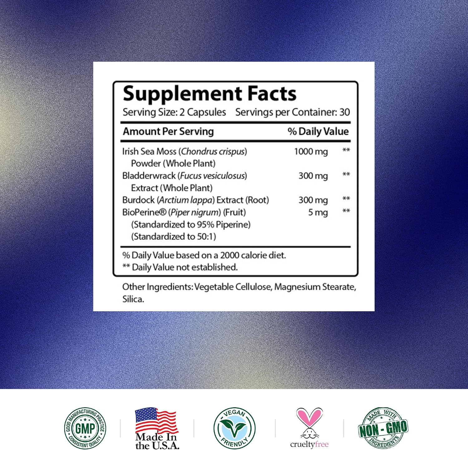 Research Verified Irish Sea Moss - Musgo de Mar, Fucus, Bardana, BioPerine - 60 Cápsulas - Vegano
