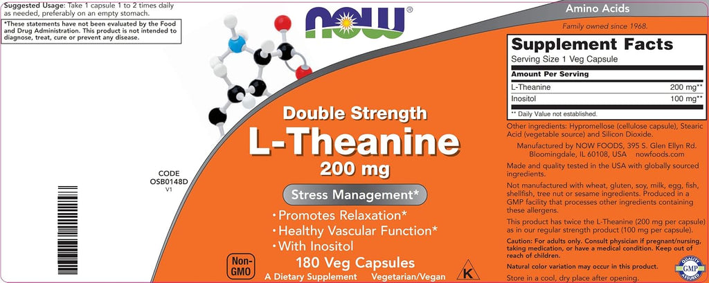 NOW Foods L-Theanine 200 mg con Inositol 100 mg, 180 Cápsulas Vegetales - Doble Concentración