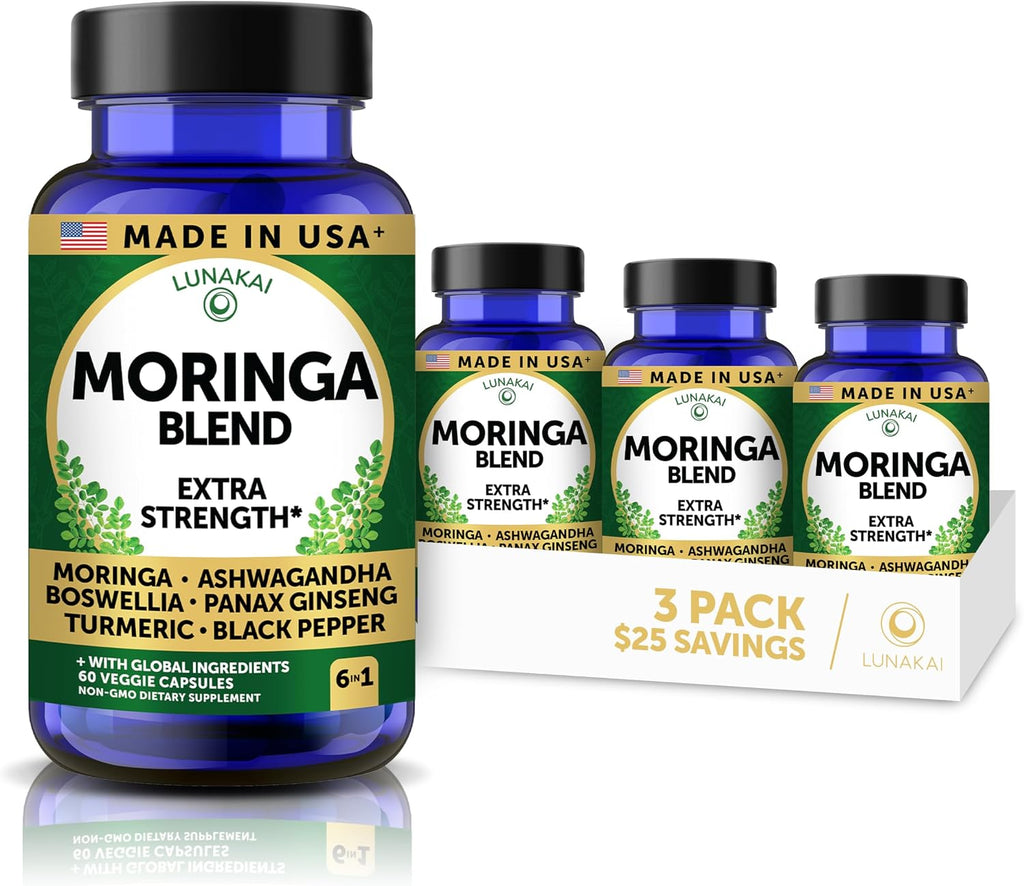 Lunakai Cápsulas de Moringa Pura – Extracto de Hoja de Moringa con Ashwagandha, Boswellia, Ginseng y Cúrcuma, 60 cápsulas