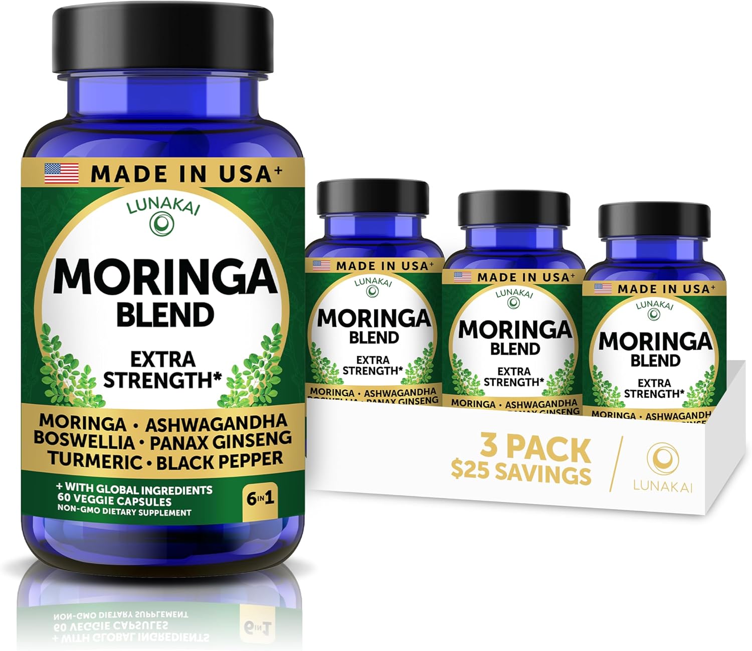 Lunakai Cápsulas de Moringa Pura – Extracto de Hoja de Moringa con Ashwagandha, Boswellia, Ginseng y Cúrcuma, 60 cápsulas