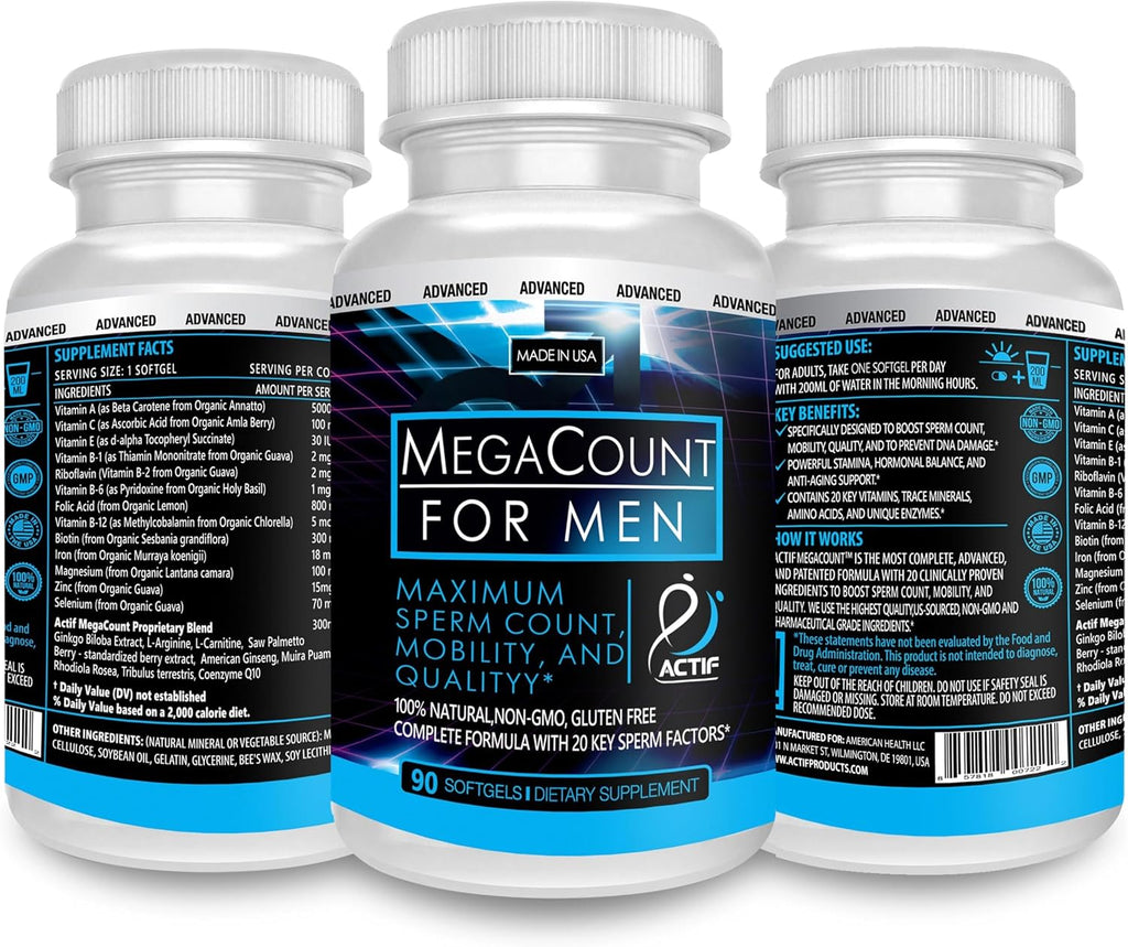 ACTIF MegaCount para Hombres - Apoyo a la Fertilidad y Calidad del Esperma - 90 Cápsulas Veganas
