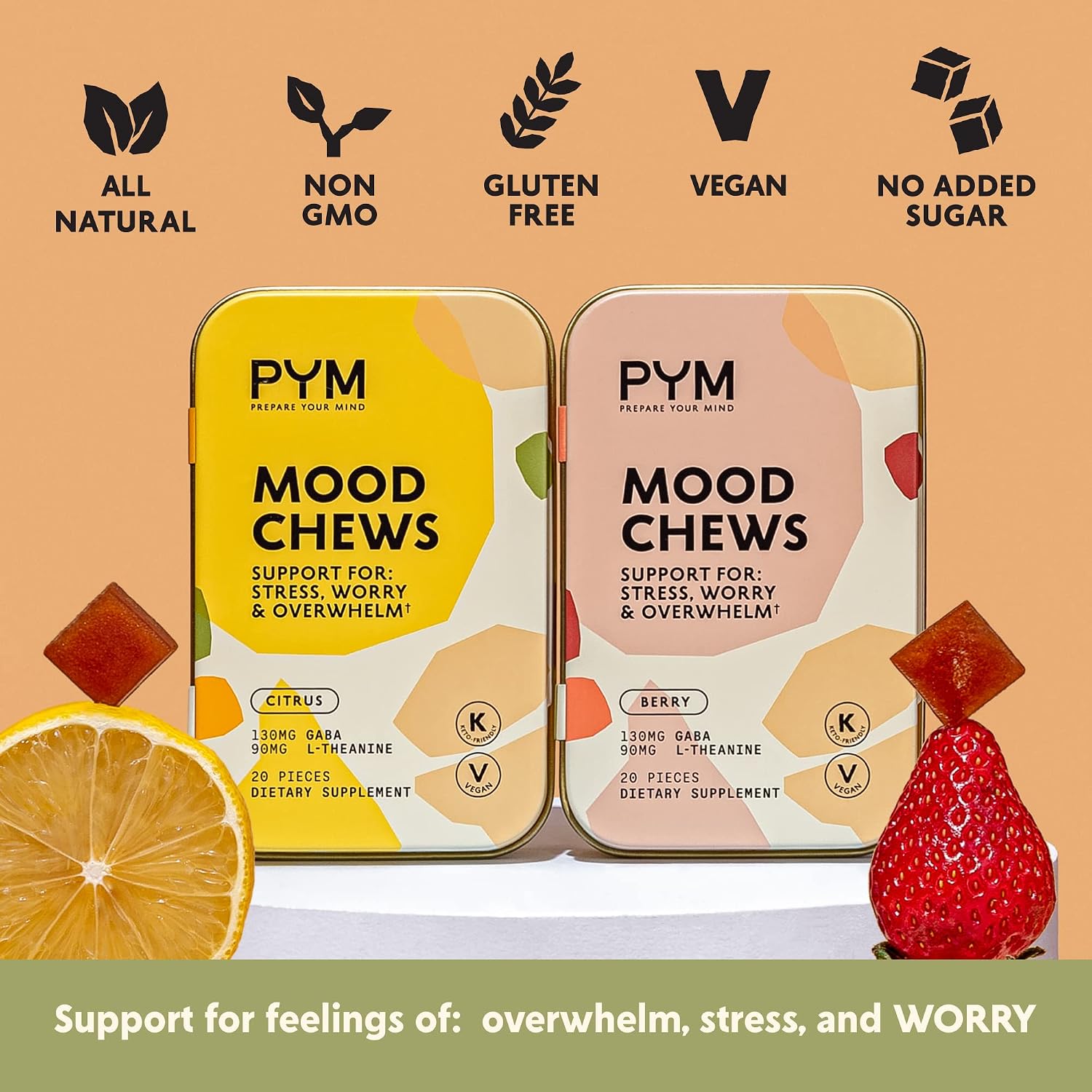 PYM Berry Mood Chews – Gominolas de Apoyo para el Estrés y Ánimo, 20 unidades | 130 mg de GABA y 90 mg de L-Teanina