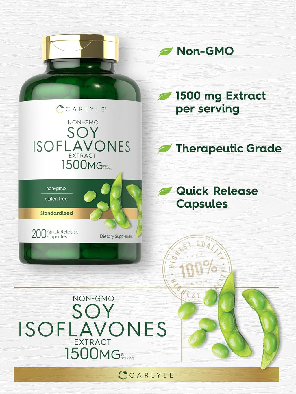 Isoflavonas de Soja Carlyle para Mujeres y Hombres | 200 Cápsulas | Suplemento Extracto No-GMO Sin Gluten