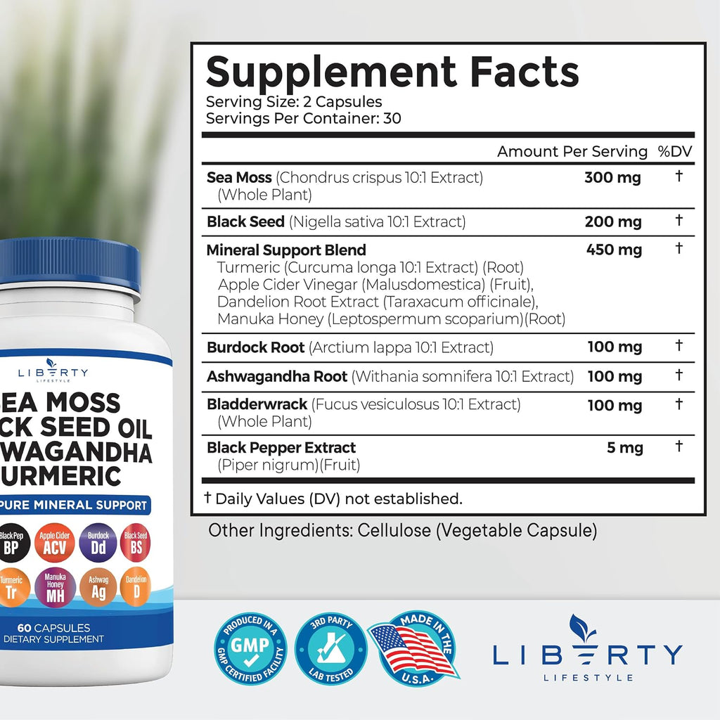 Liberty Lifestyle Sea Moss Black Seed Oil Ashwagandha Turmeric Bladderwrack Burdock - con Manuka, Honey Dandelion, ACV Black Pepper Gluten Free - 1-Pack